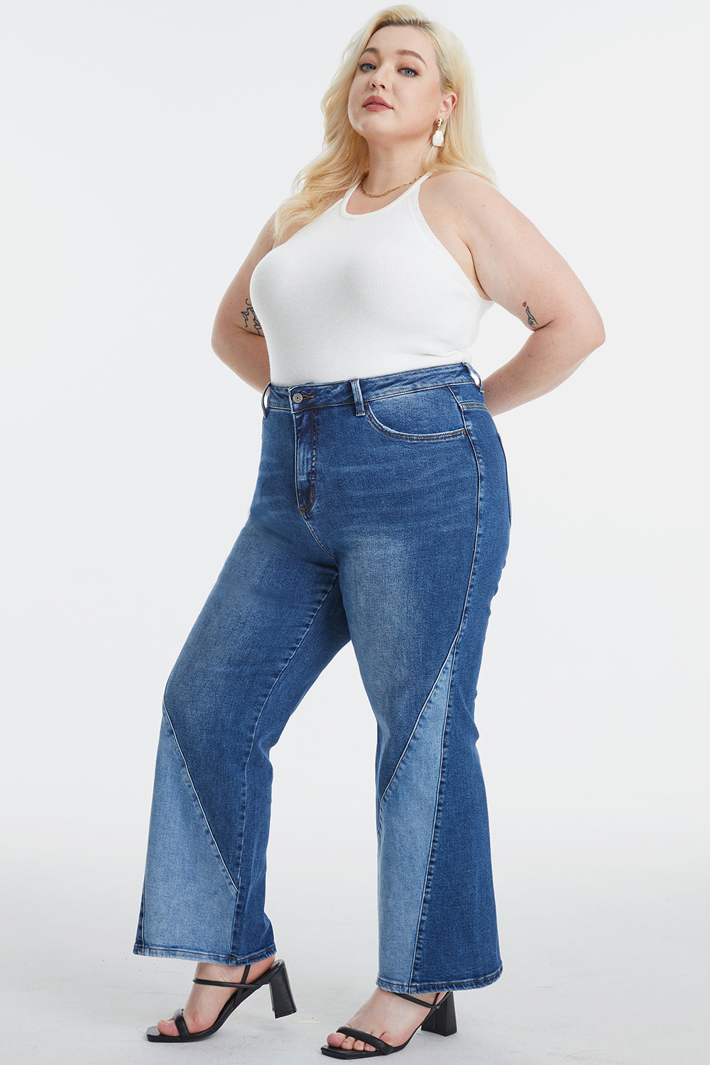 BAYEAS Full Size High Waist Two-Tones Patched Wide Leg Jeans - The Boutie Shop