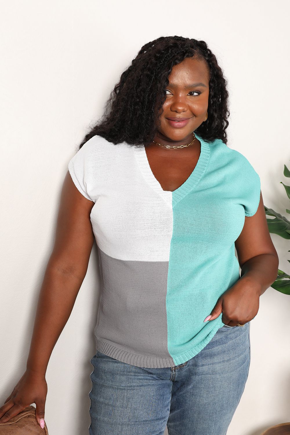 Color Block V-Neck Knit Top - The Boutie Shop