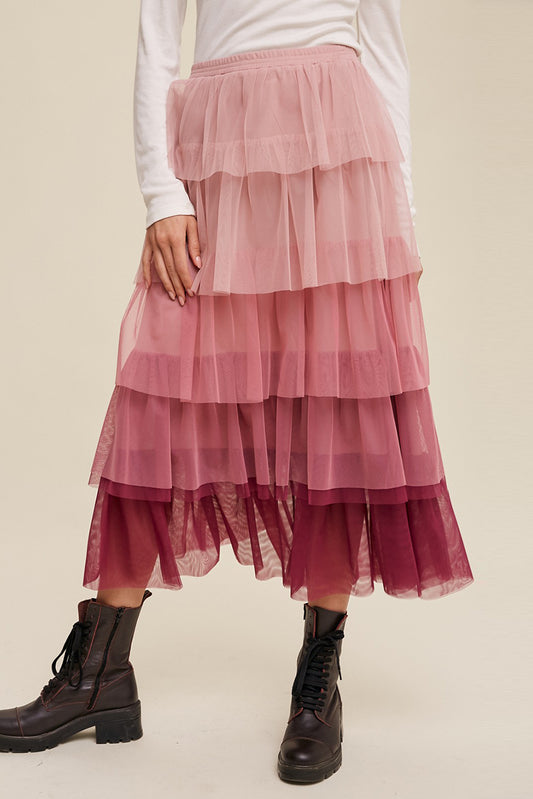 Elastic Waist Layered Tulle Midi Skirt - The Boutie Shop