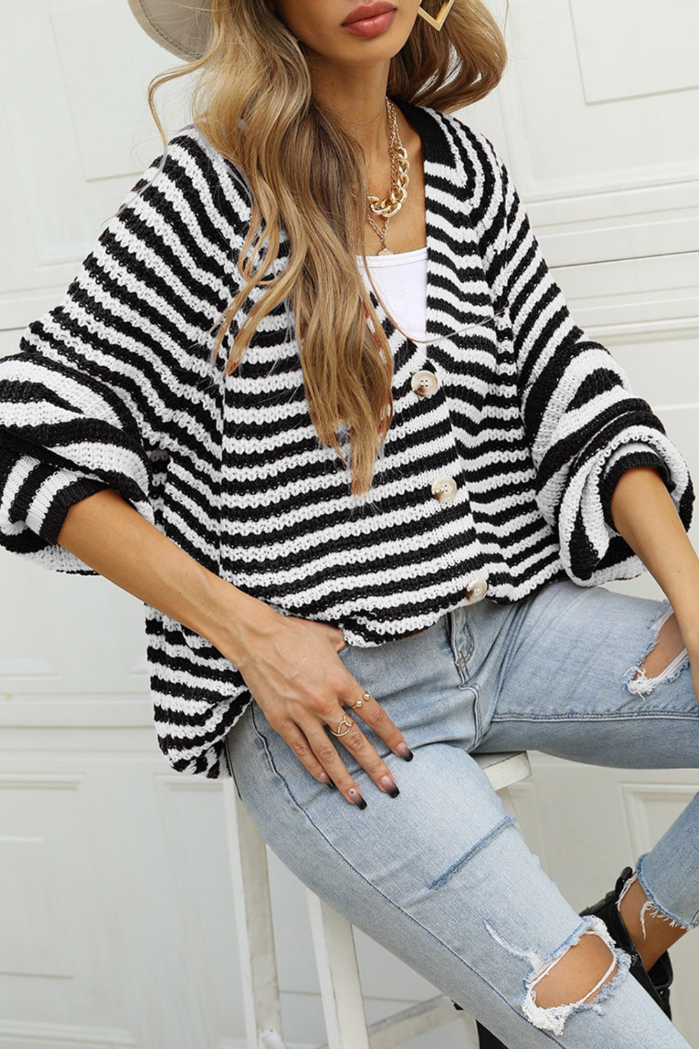 Angel Wings Striped Button Up Long Sleeve Cardigan - The Boutie Shop