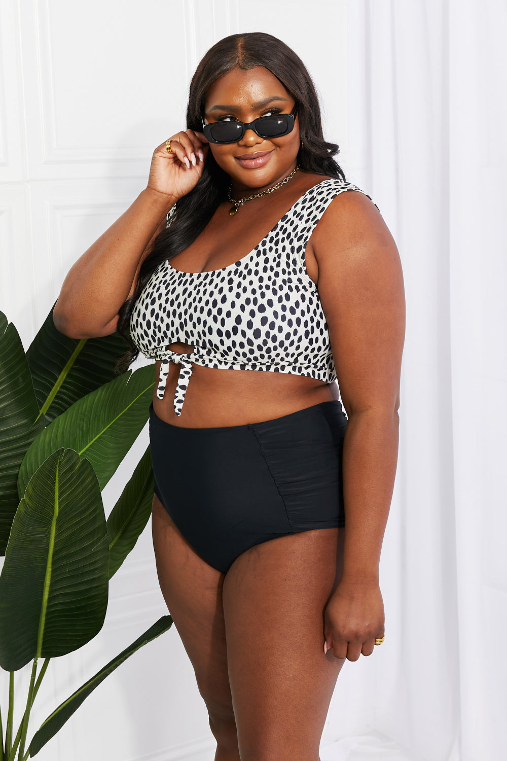 Marina West Swim Sanibel Crop Swim Top and Ruched Bottoms Set in Black - The Boutie Shop