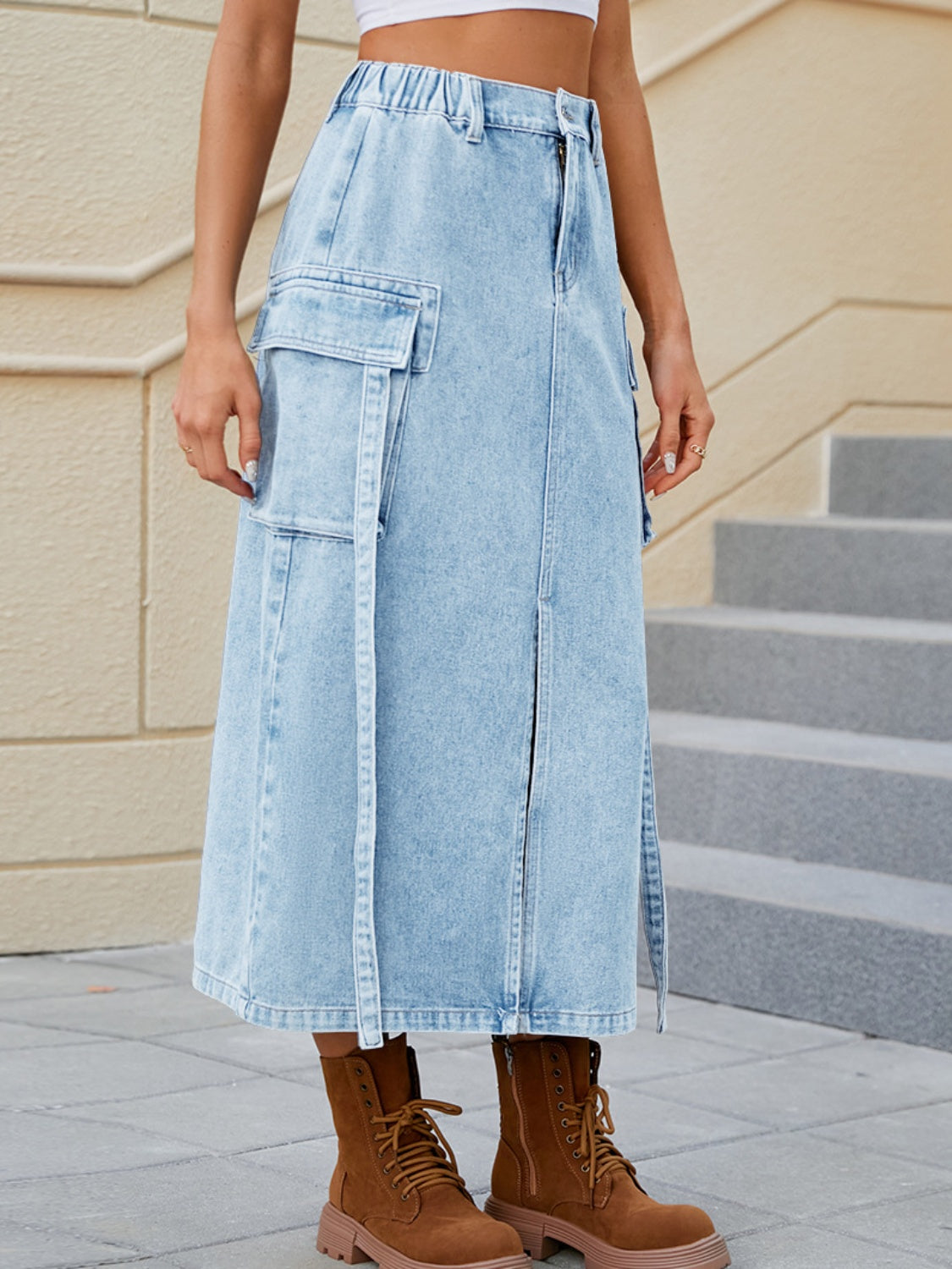 Slit Pocketed High Waist Denim Skirt - The Boutie Shop