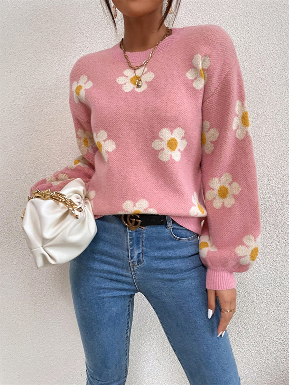 Flower Round Neck Latern Sleeve Sweater - The Boutie Shop