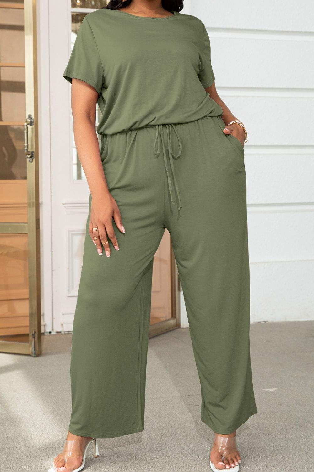 Plus Size Drawstring Waist Short Sleeve Jumpsuit - The Boutie Shop