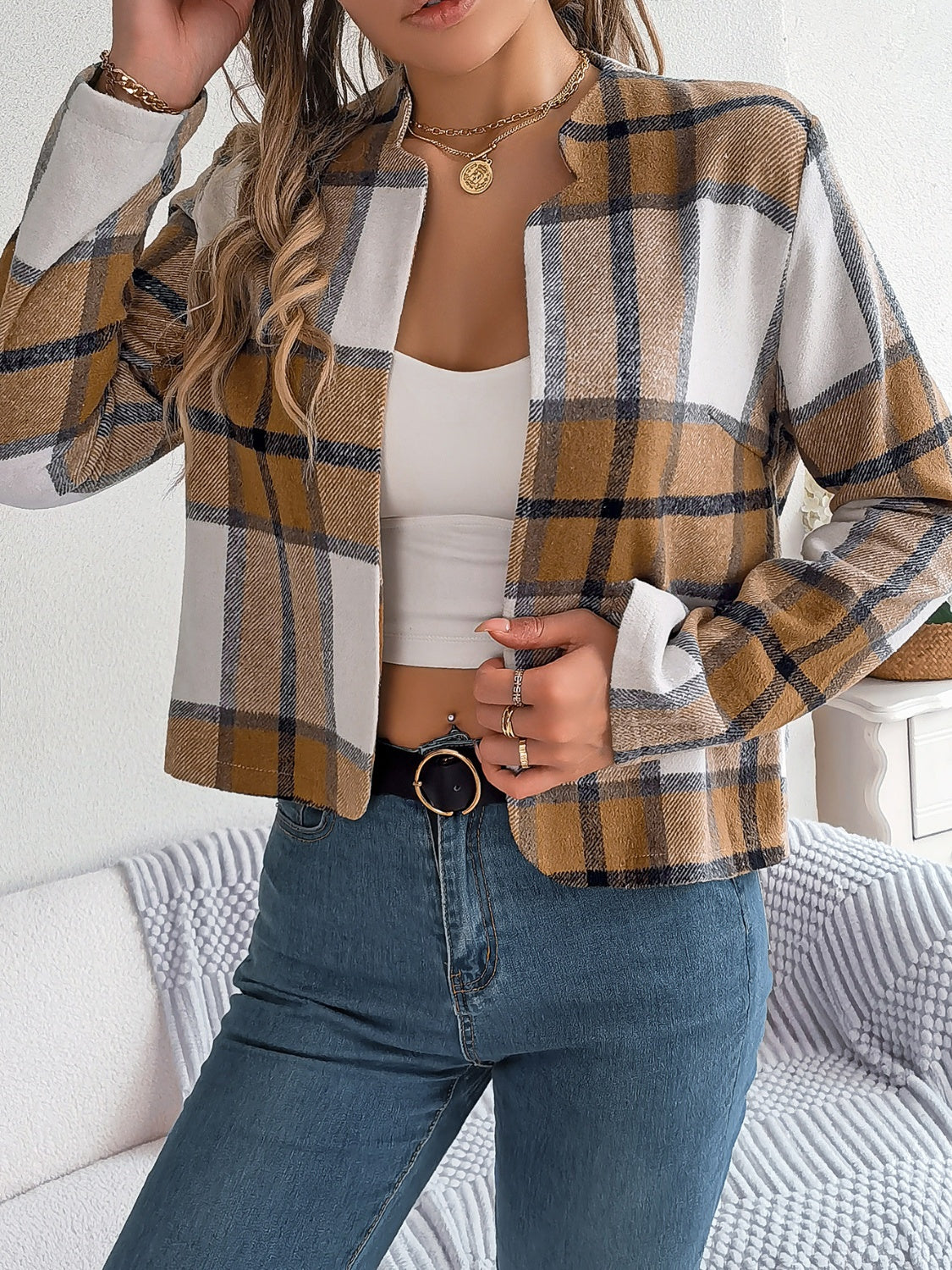 Plaid Open Front Long Sleeve Jacket