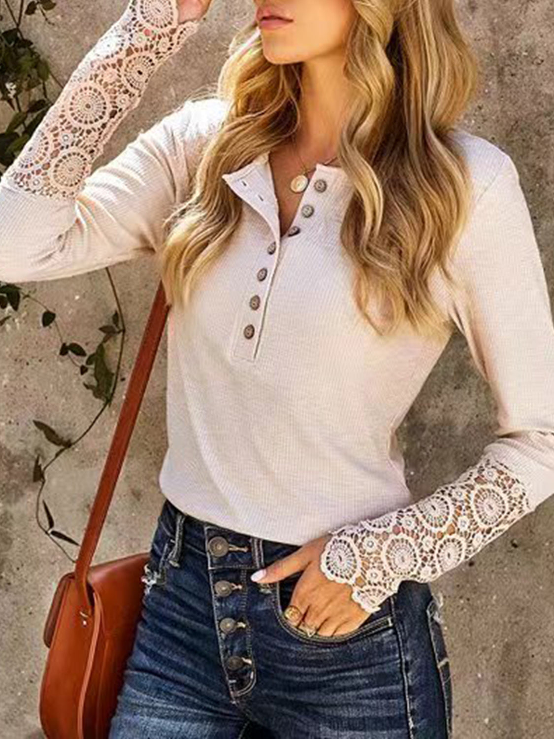 Lace Detail Half Button Long Sleve Knit Top - The Boutie Shop