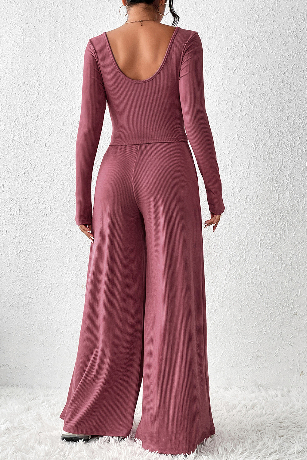 Ribbed Round Neck Top and Wide-Leg Pants Set - The Boutie Shop