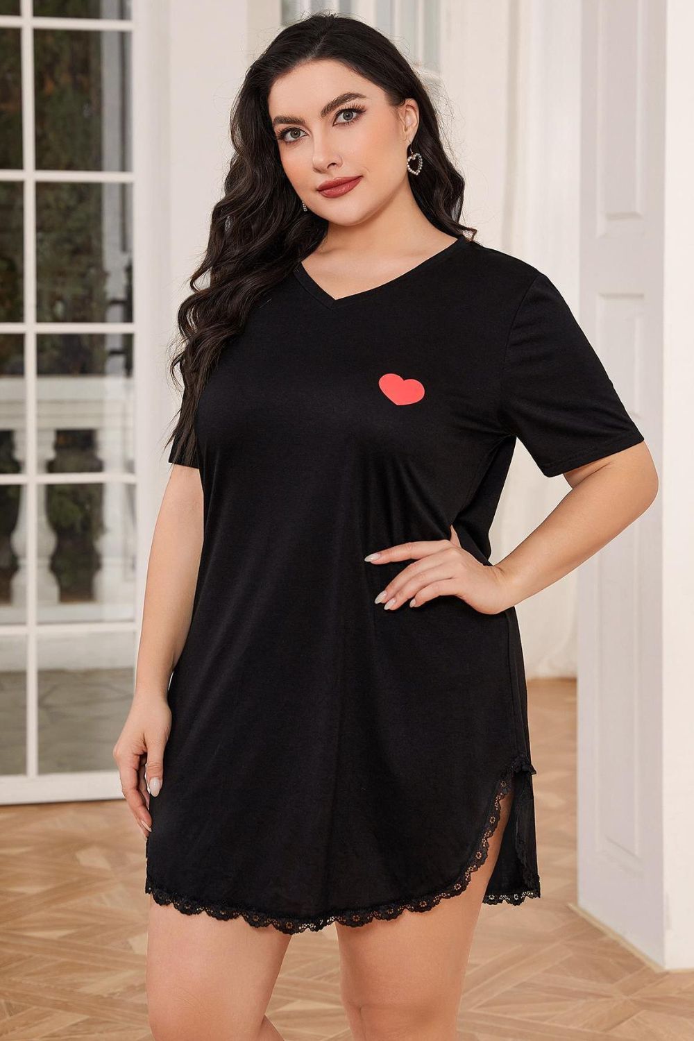 Plus Size Lace Trim V-Neck Short Sleeve Night Dress - The Boutie Shop