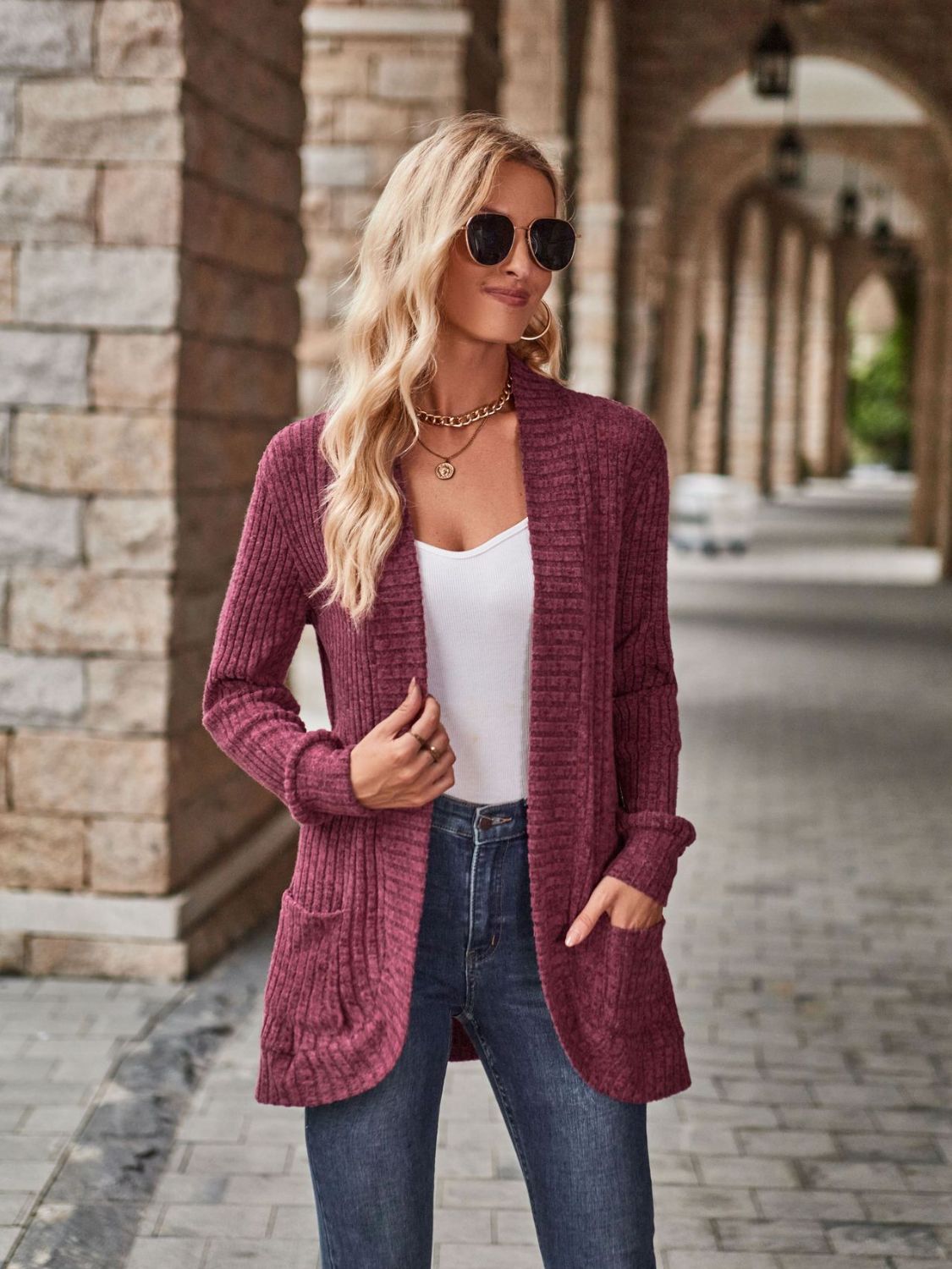 Open Front Cardigan with Pockets - The Boutie Shop
