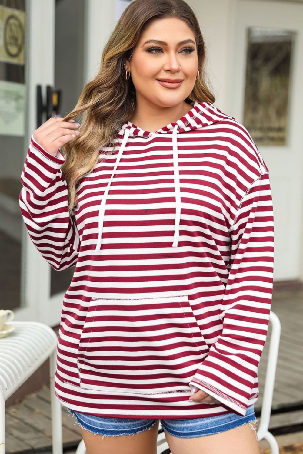 Plus Size Drawstring Striped Dropped Shoulder Hoodie - The Boutie Shop