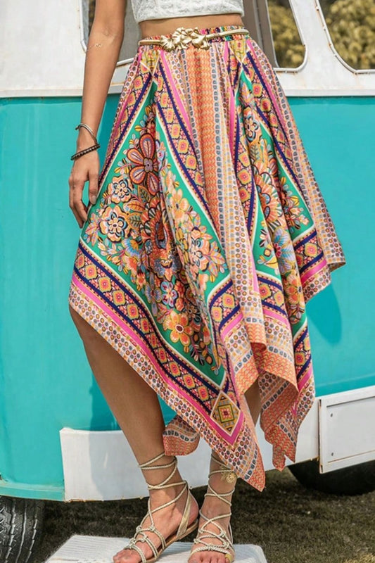 Printed High Waist Handkerchief Hem Skirt - The Boutie Shop