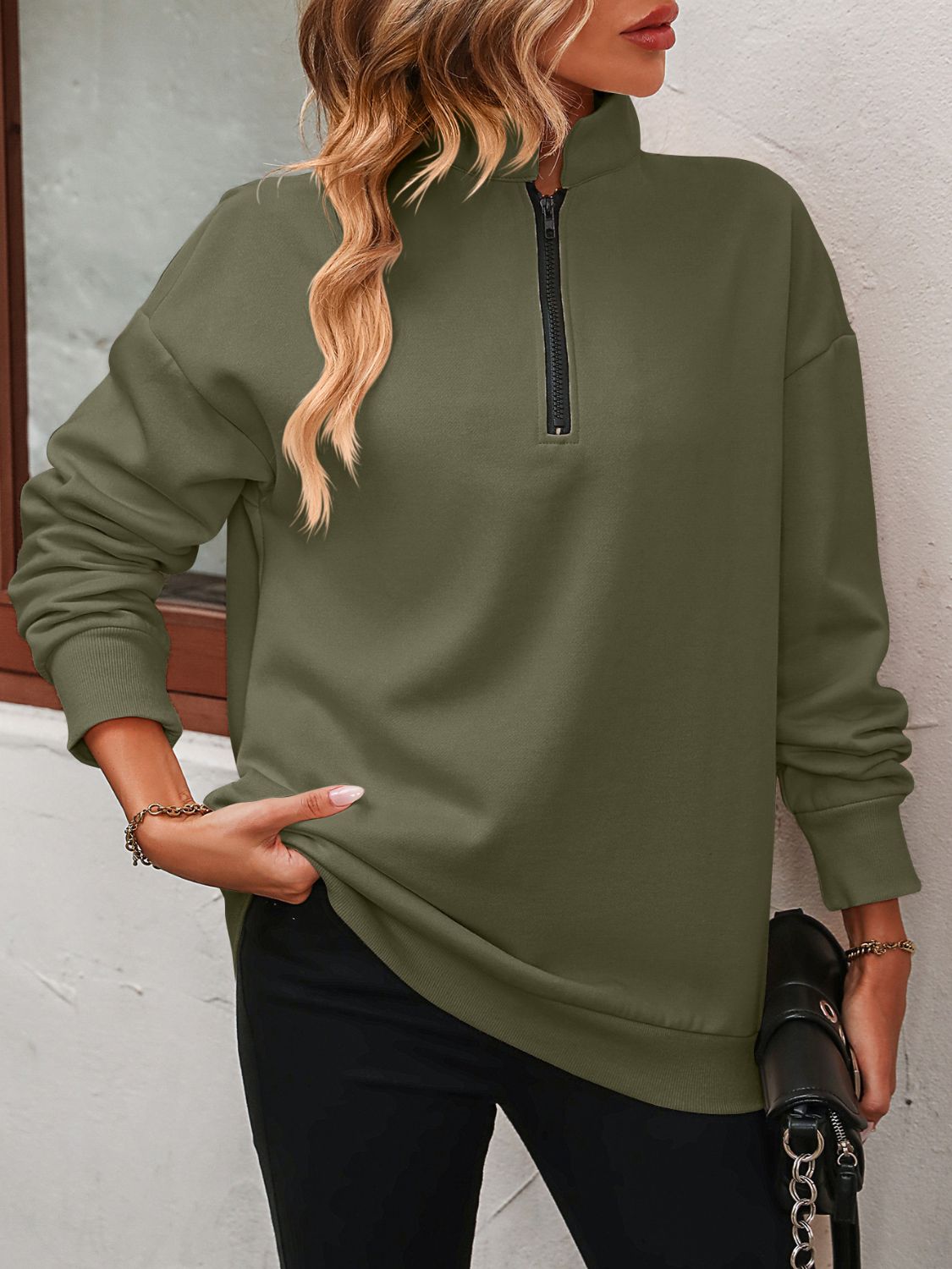 Mandy Zip-Up Dropped Shoulder Sweatshirt - The Boutie Shop