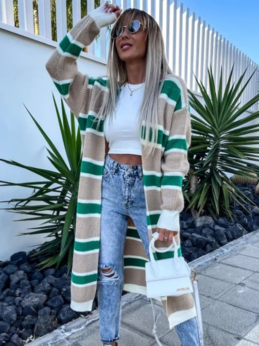 Striped Open Front Longline Cardigan - The Boutie Shop