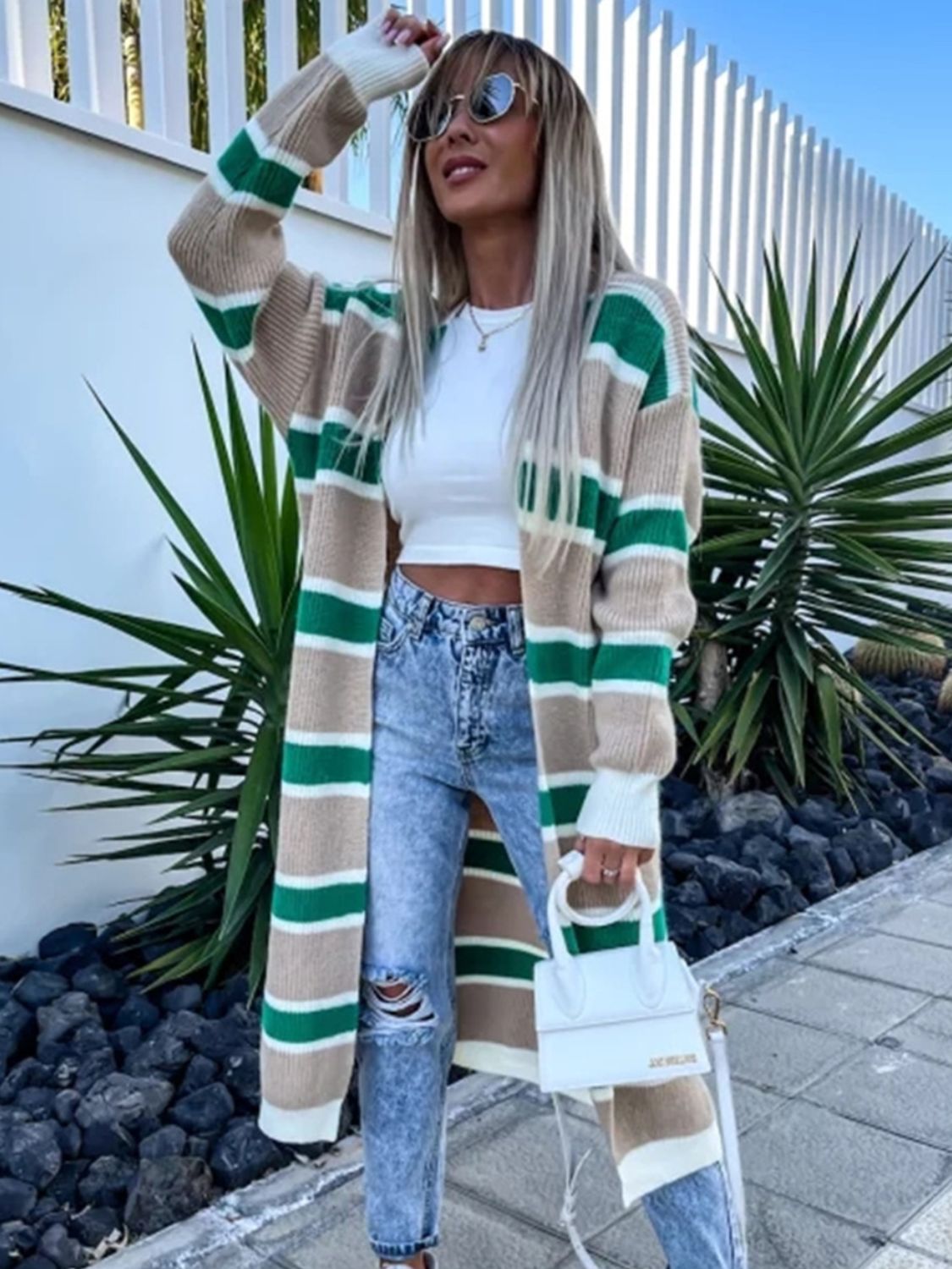 Striped Open Front Longline Cardigan - The Boutie Shop