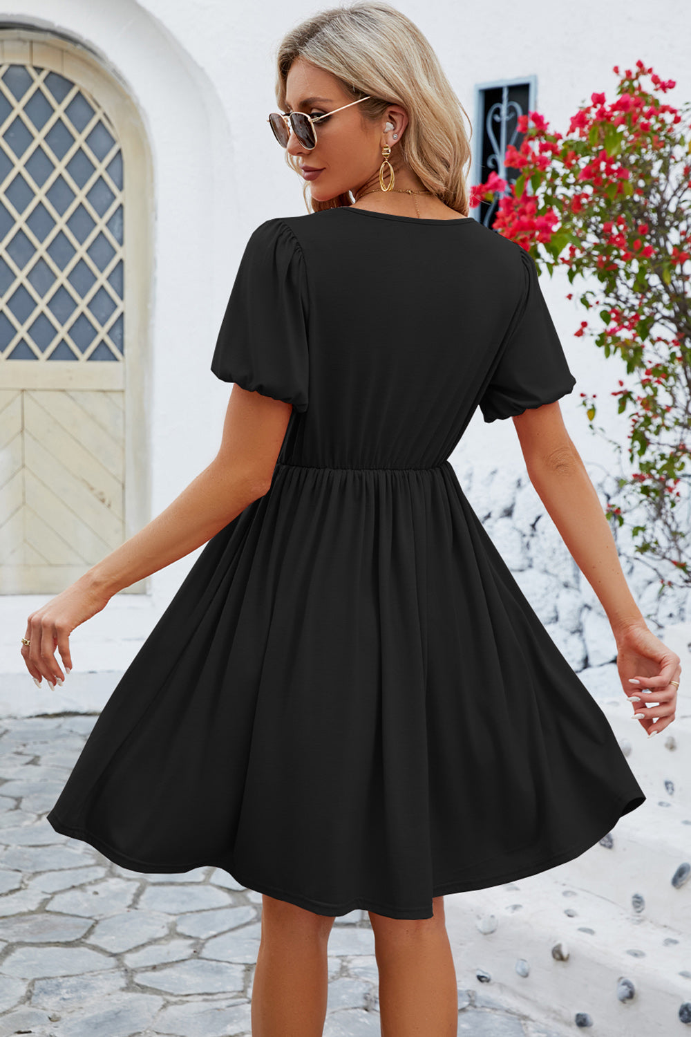 V-Neck Balloon Short Sleeve Dress - The Boutie Shop