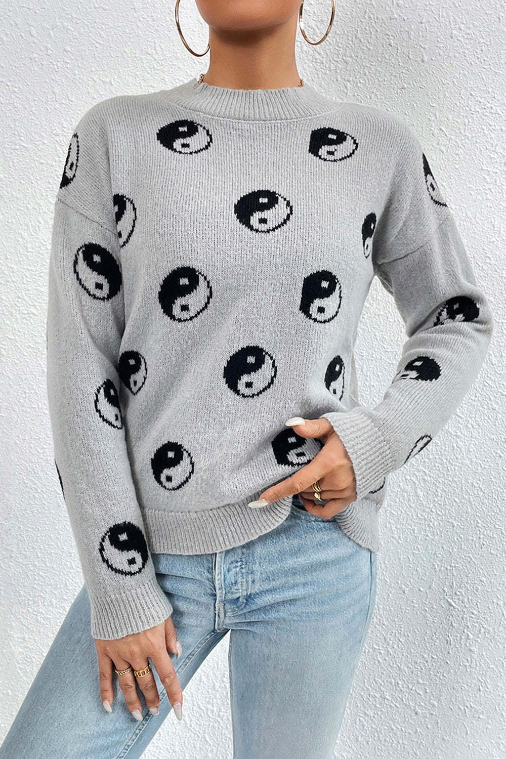 Graphic Mock Neck Dropped Shoulder Sweater - The Boutie Shop