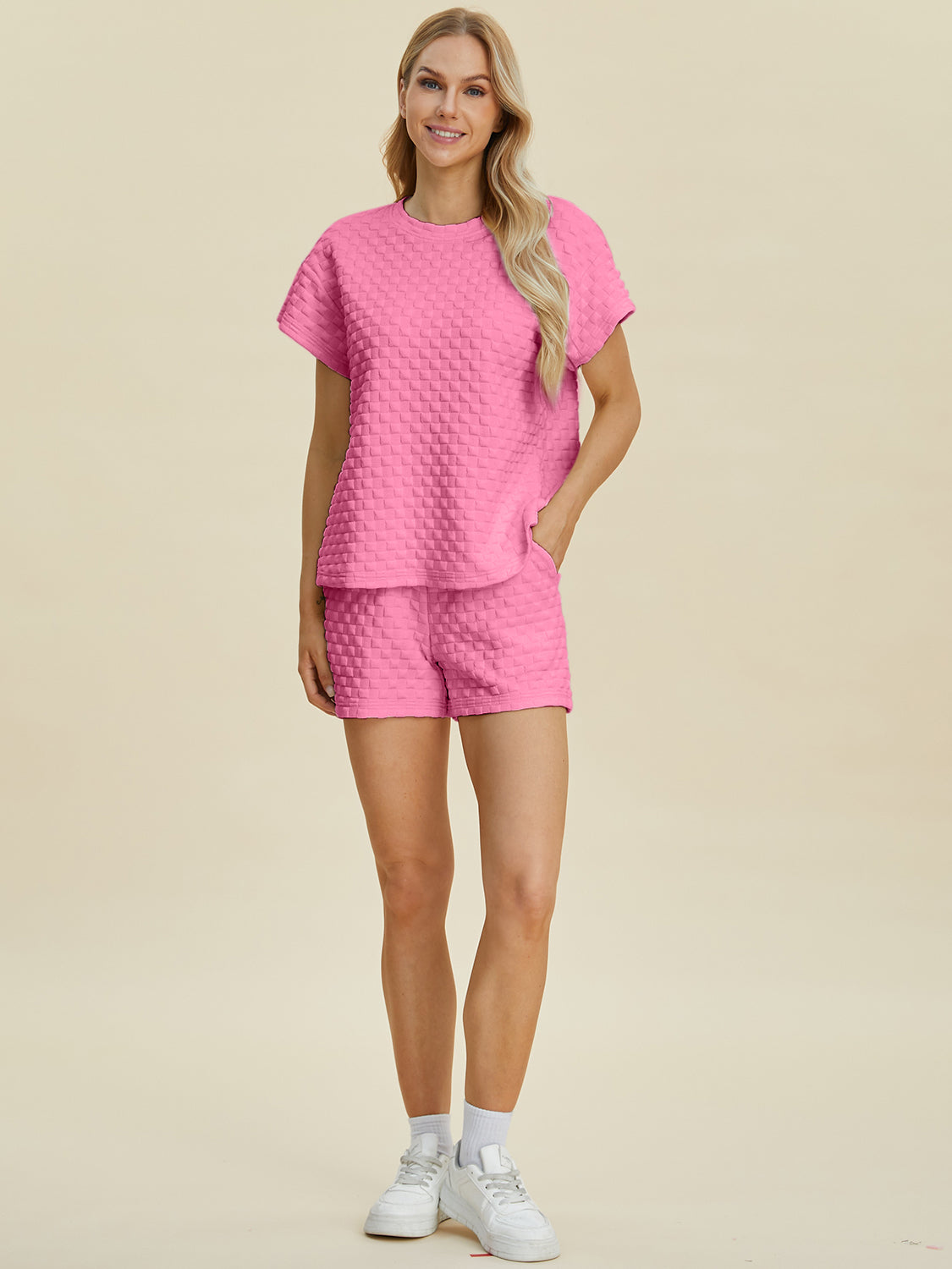 Double Take Full Size Texture T-Shirt and Shorts Set - The Boutie Shop