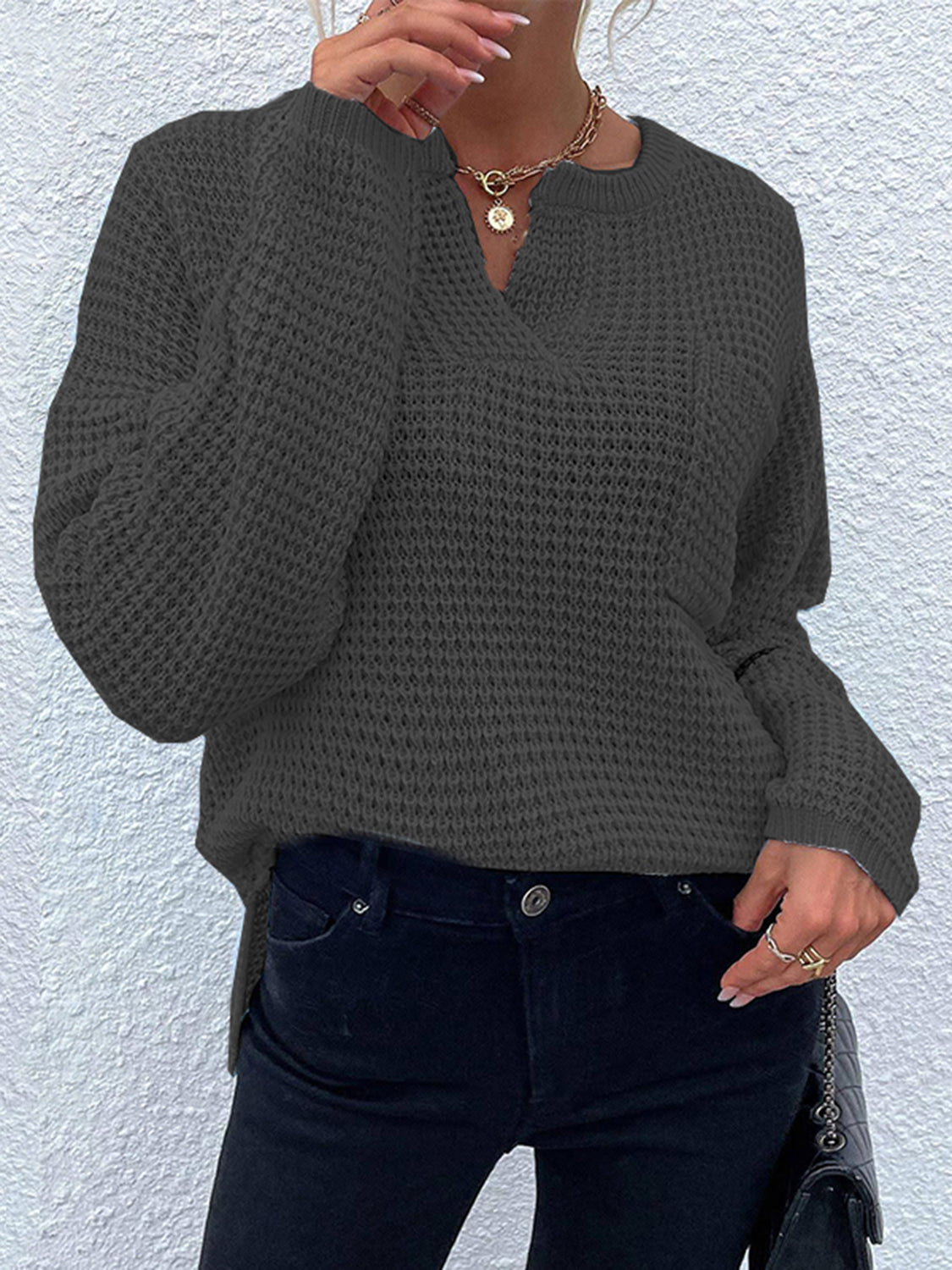 Notched Long Sleeve Sweater - The Boutie Shop