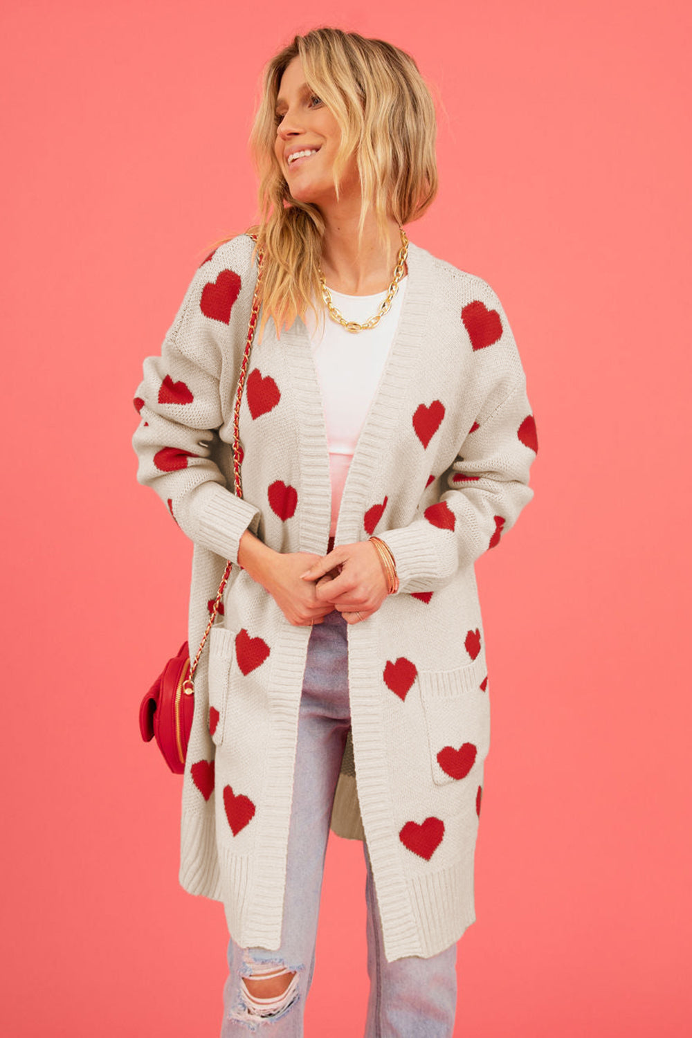 Heart Graphic Open Front Cardigan with Pockets - The Boutie Shop