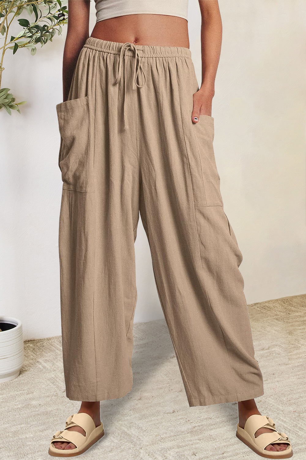 Full Size Pocketed Drawstring Wide Leg Pants - The Boutie Shop