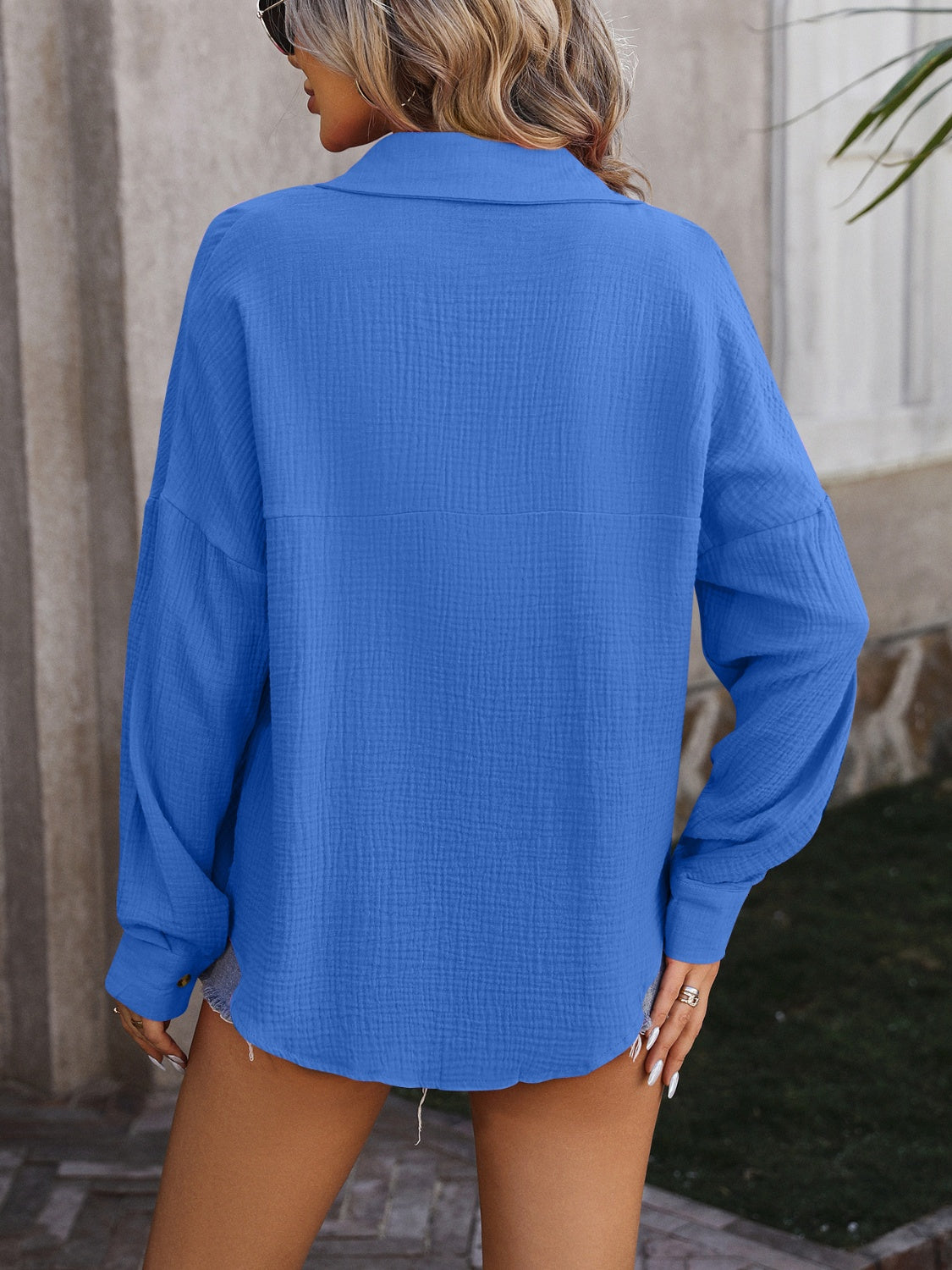 Mandy Textured Pocketed Button Up Dropped Shoulder Shirt - The Boutie Shop