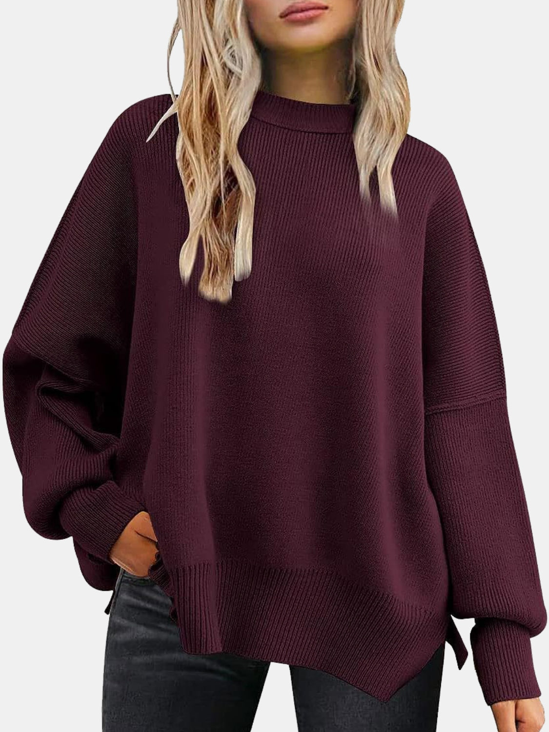 Round Neck Drop Shoulder Slit Sweater - The Boutie Shop