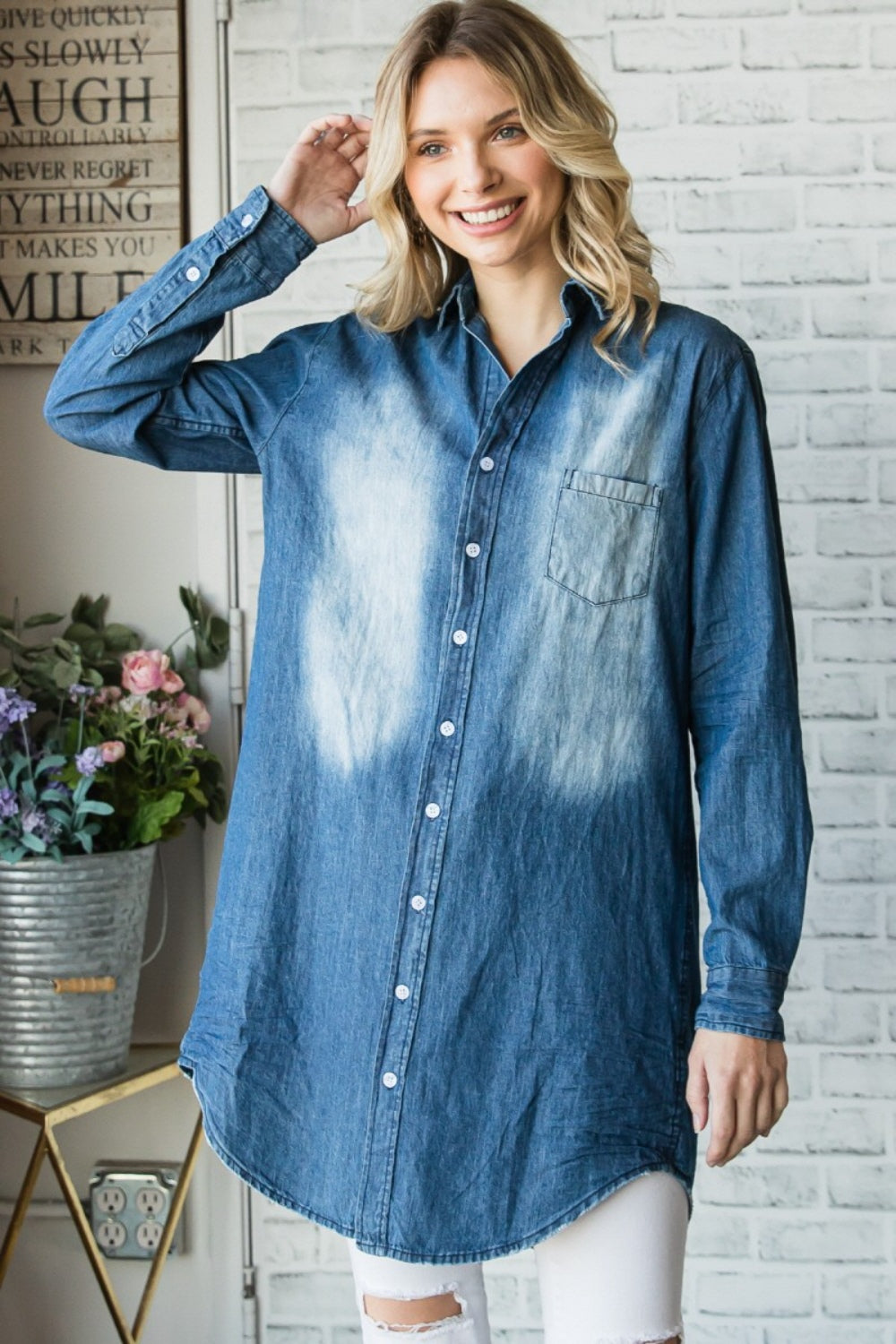 Veveret Pocketed Button Up Washed Denim Shirt - The Boutie Shop