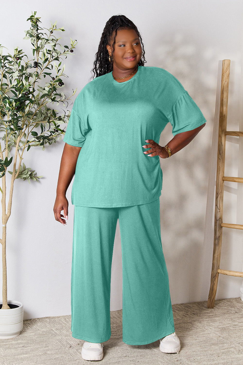 Double Take Full Size Round Neck Slit Top and Pants Set - The Boutie Shop