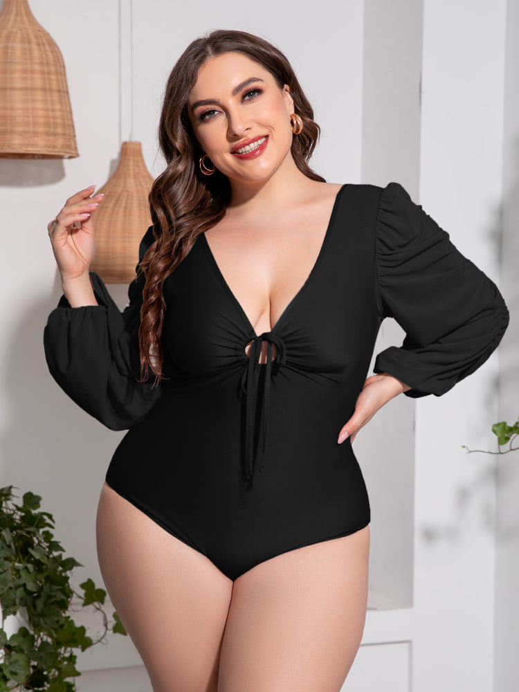 Plus Size Tied Deep V Balloon Sleeve One-Piece Swimsuit - The Boutie Shop