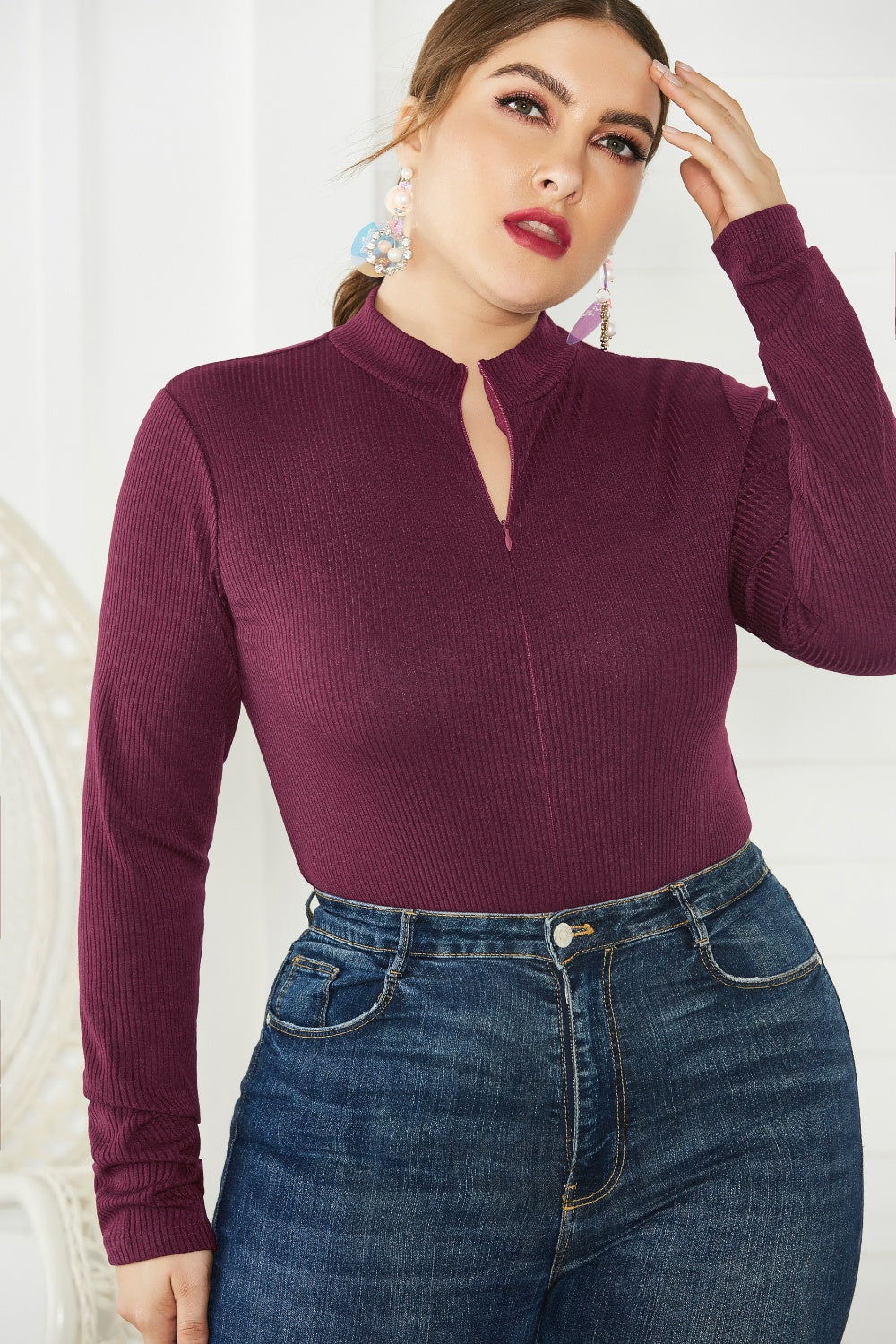 Plus Size Zip Up Long Sleeve Bodysuit - The Boutie Shop