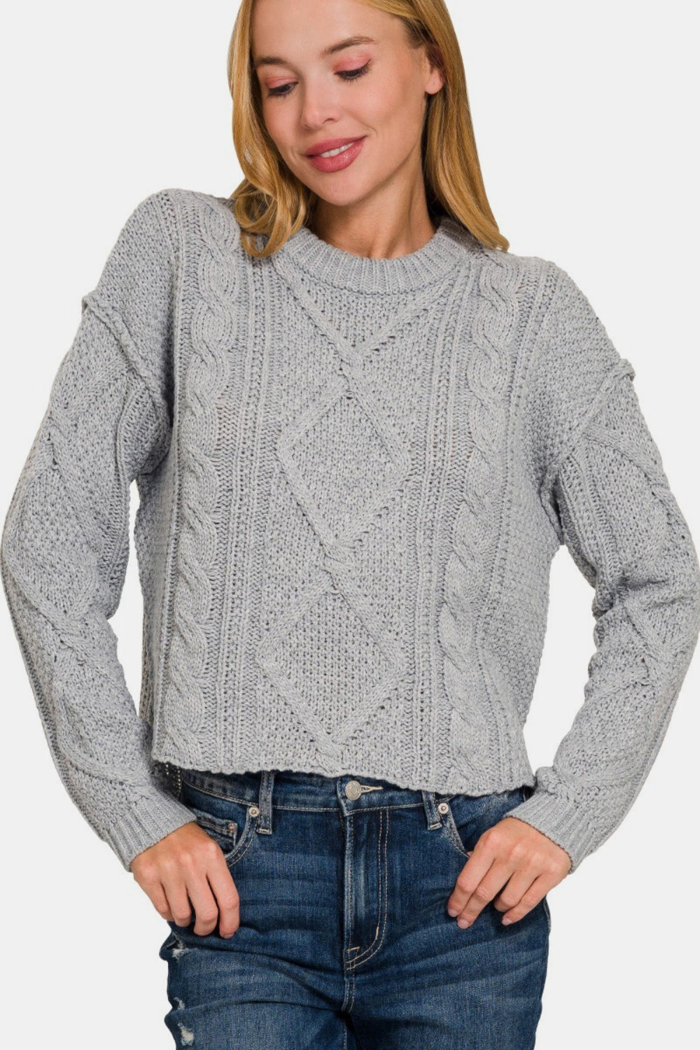 Zenana Cropped High Low Cable Sweater with Side Slits - The Boutie Shop