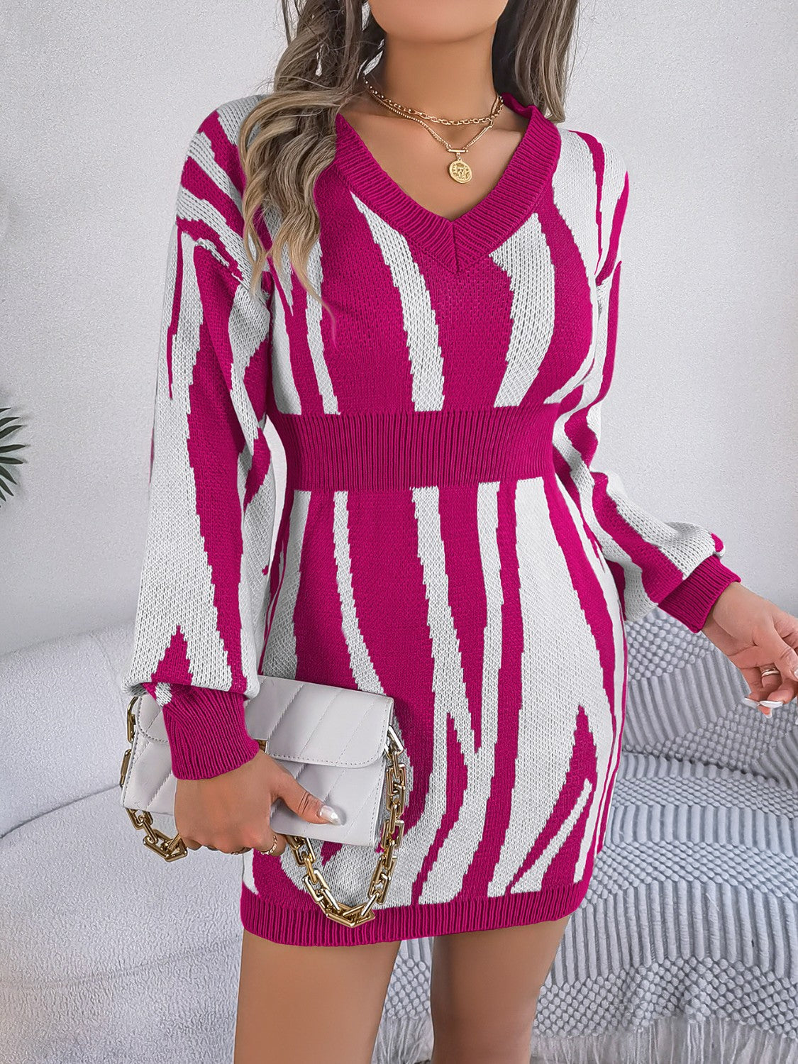 Animal Print V-Neck Long Sleeve Sweater Dress - The Boutie Shop