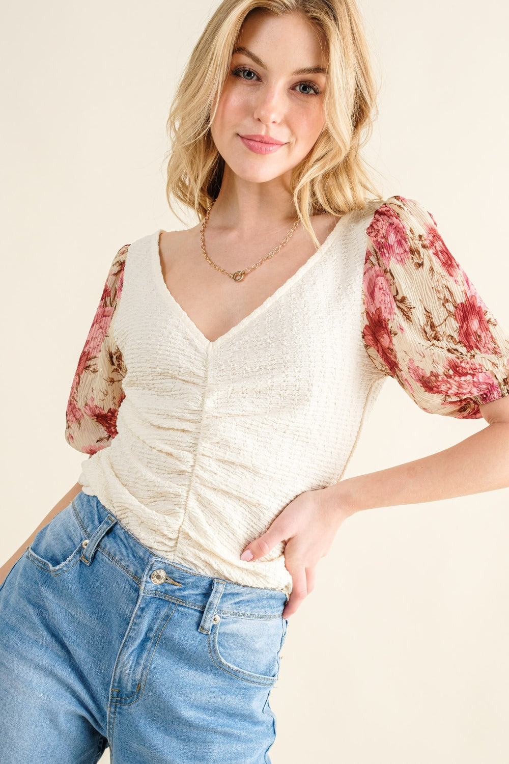 And The Why Full Size Floral Print Textured Sleeve Knit Top - The Boutie Shop