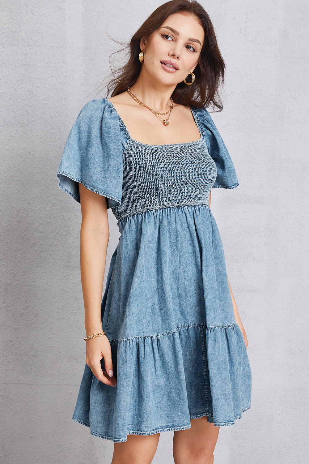 Smocked Square Neck Mini Denim Dress - The Boutie Shop