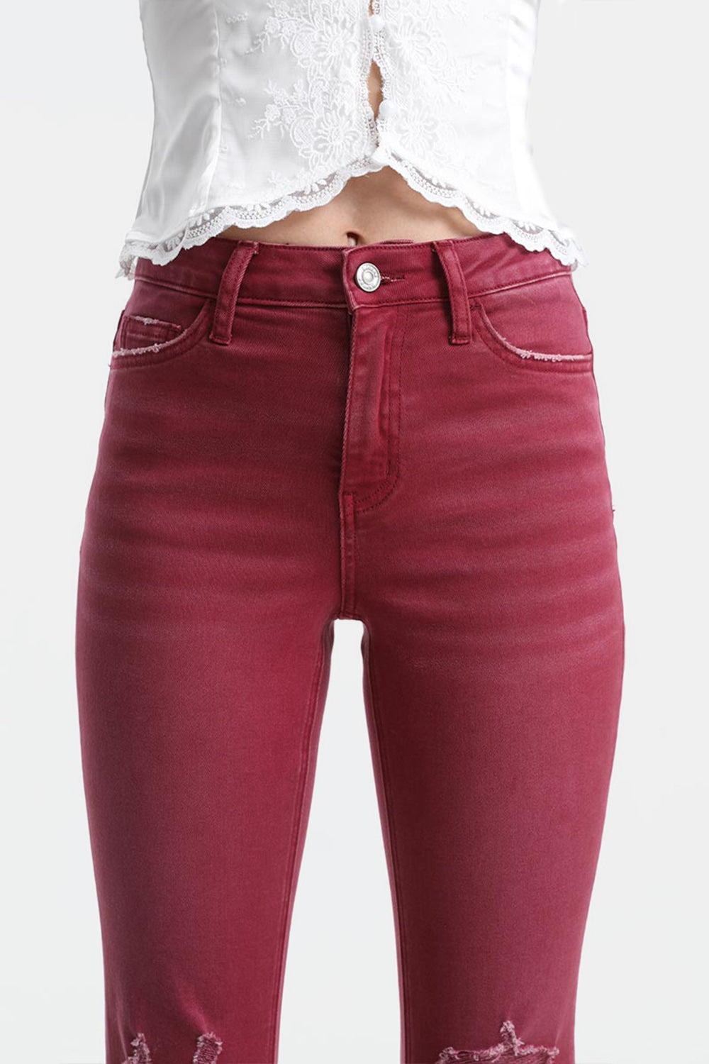 BAYEAS Full Size High Waist Distressed Raw Hem Flare Jeans - The Boutie Shop