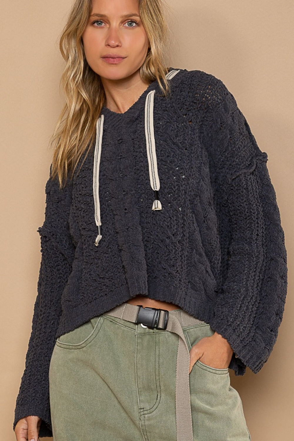 POL Cable Knit Hooded Chenille Sweater - The Boutie Shop