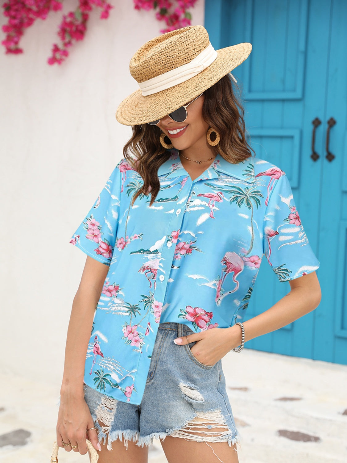 Printed Collared Neck Short Sleeve Shirt - The Boutie Shop