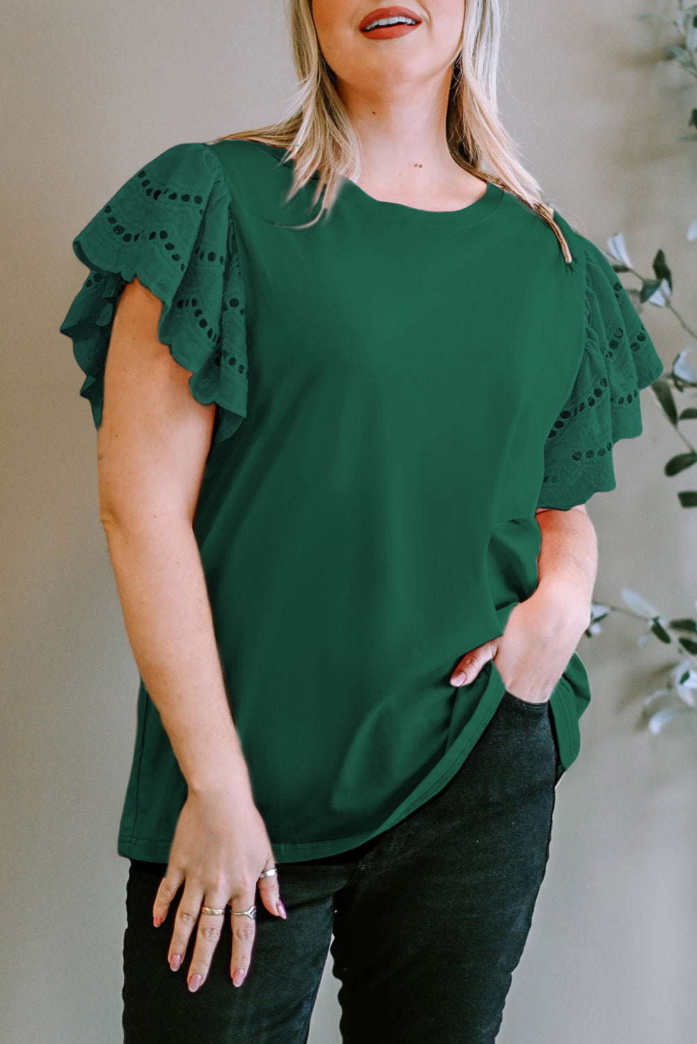 Plus Size Eyelet Round Neck Short Sleeve Blouse - The Boutie Shop