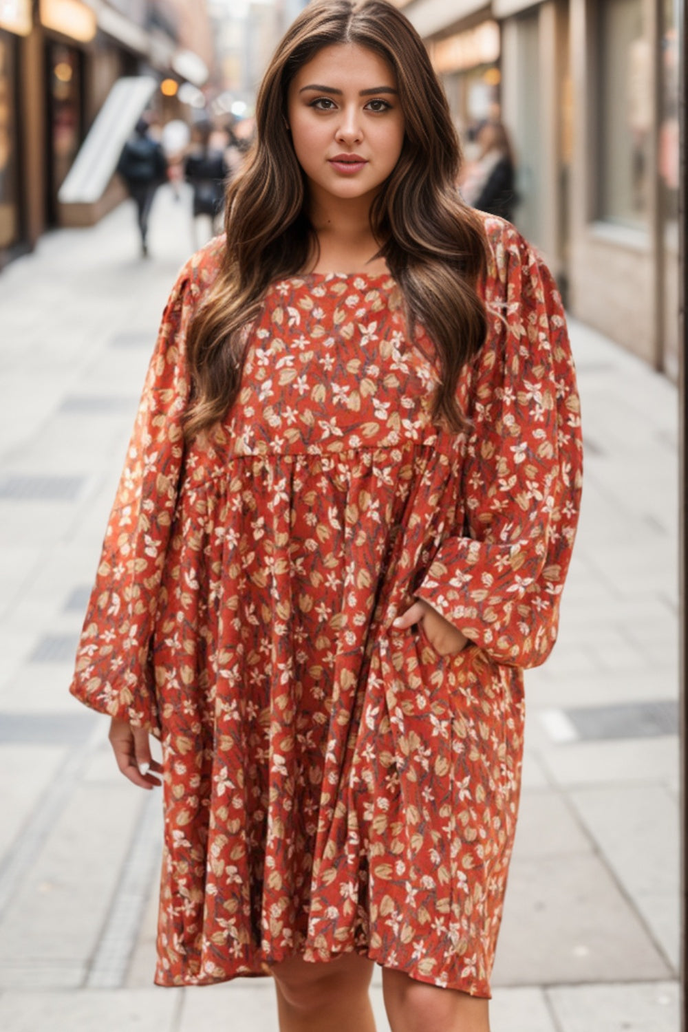 Plus Size Floral Round Neck Dress - The Boutie Shop