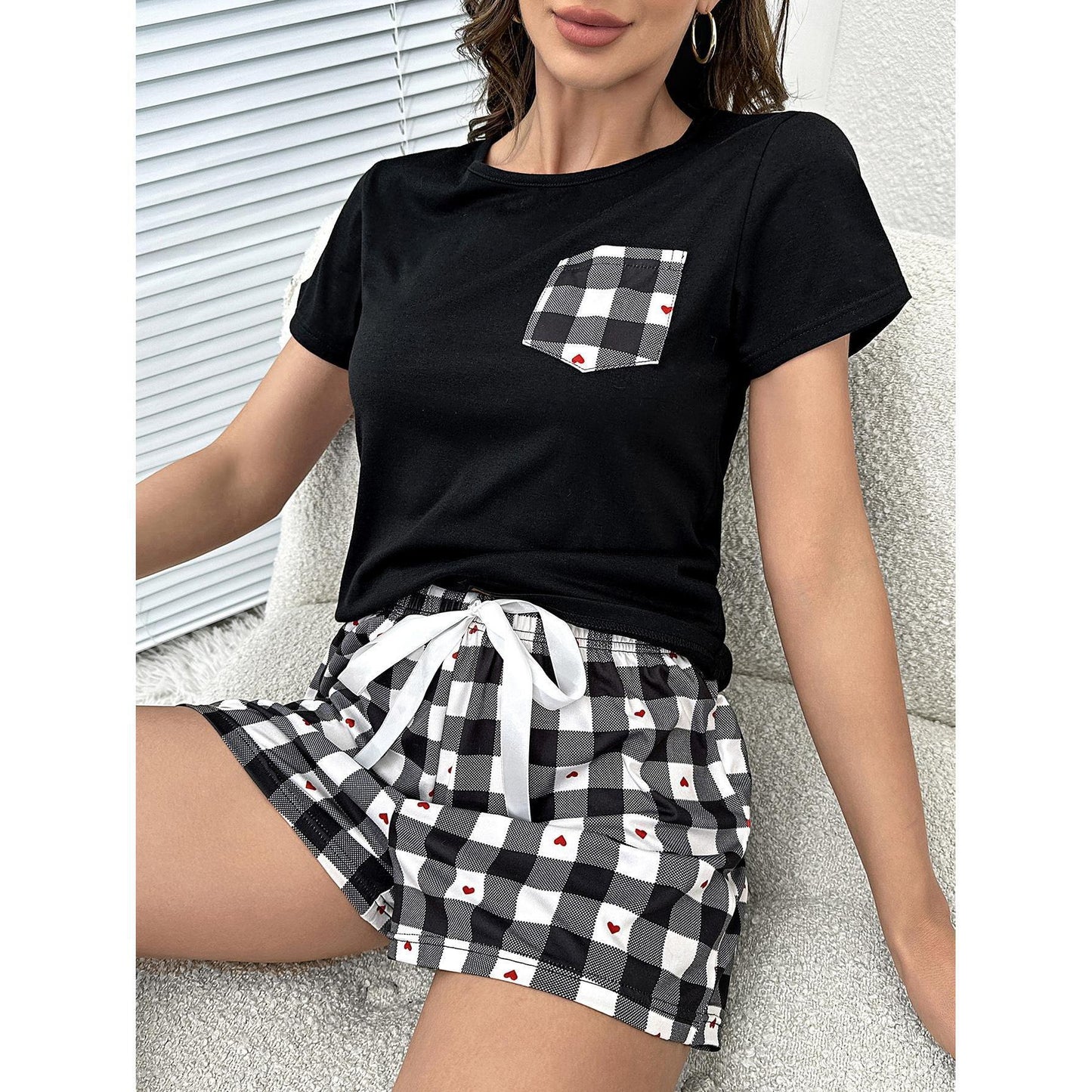 Plaid Heart Top and Shorts Lounge Set - The Boutie Shop