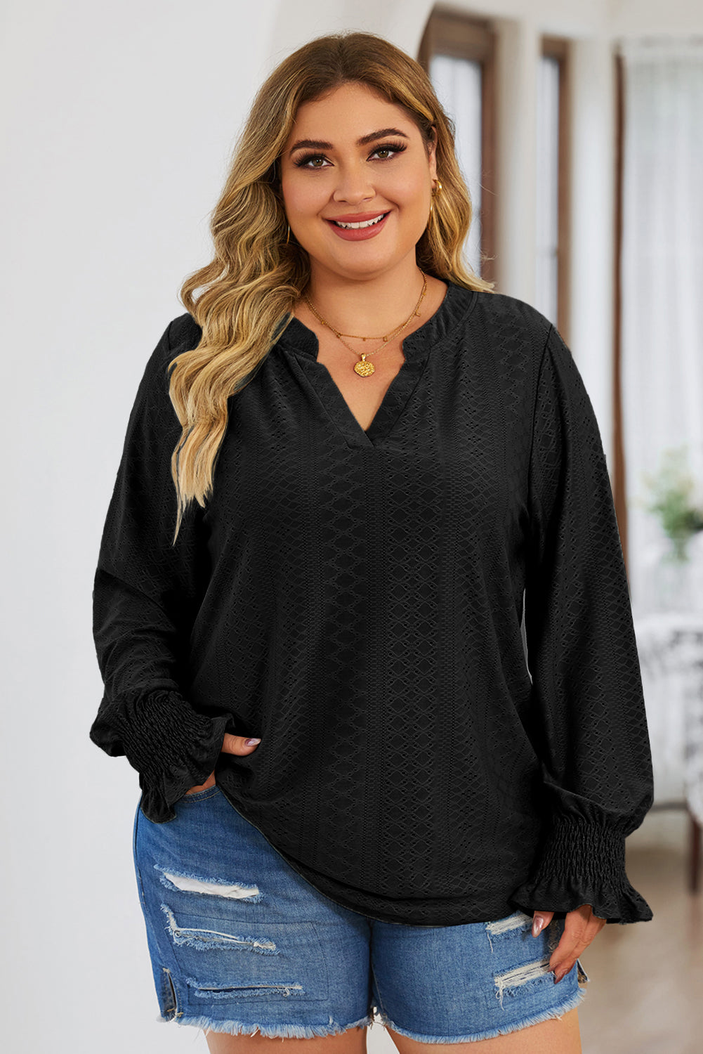 Plus Size Eyelet Notched Flounce Sleeve Blouse - The Boutie Shop