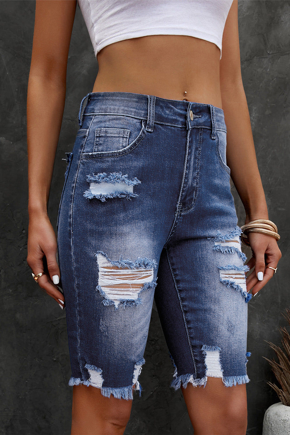 Distressed Frayed Hem Denim Bermuda Shorts - The Boutie Shop