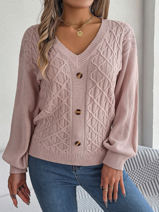 Cable-Knit V-Neck Lantern Sleeve Sweater - The Boutie Shop