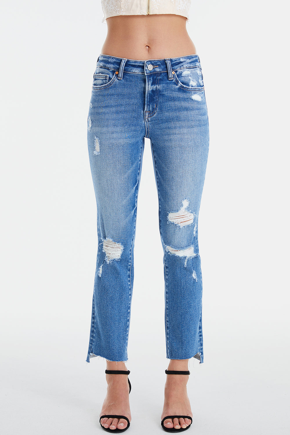 BAYEAS Full Size Mid Waist Distressed Ripped Straight Jeans - The Boutie Shop