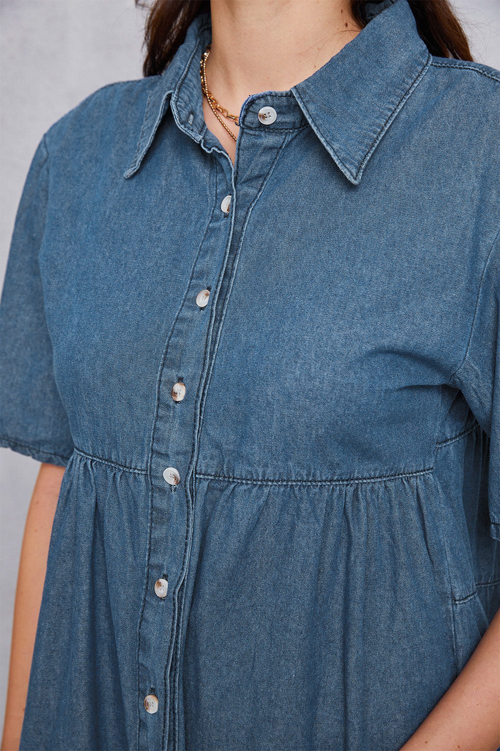 Button Up Collared Neck Tiered Denim Dress - The Boutie Shop