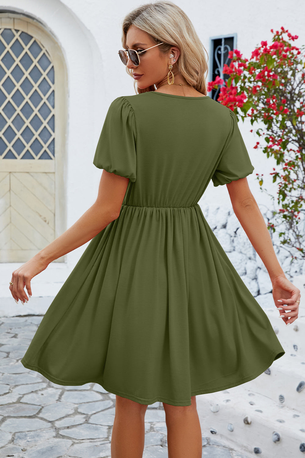 V-Neck Balloon Short Sleeve Dress - The Boutie Shop