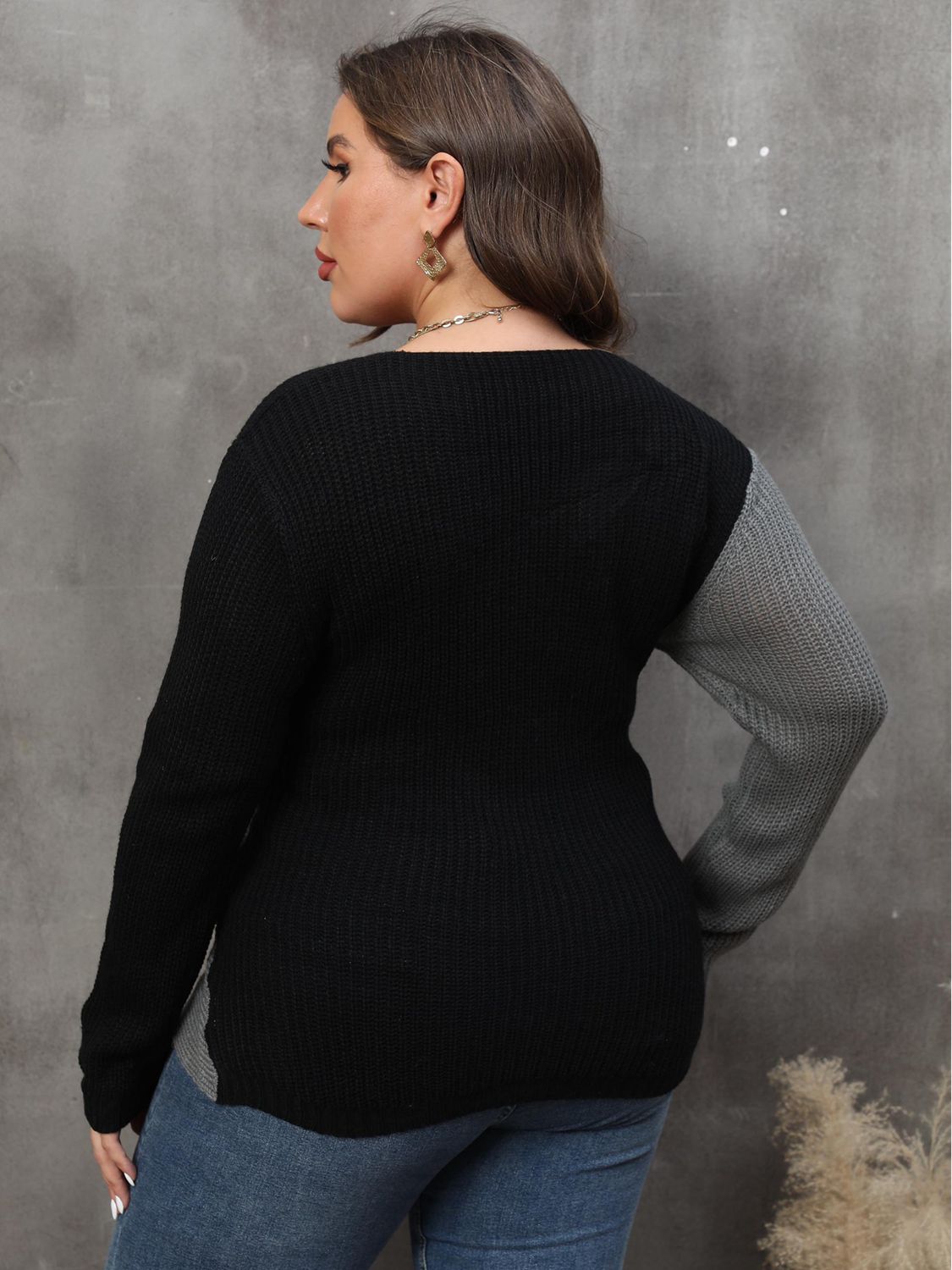 Plus Size Two-Tone Surplice Neck Sweater - The Boutie Shop