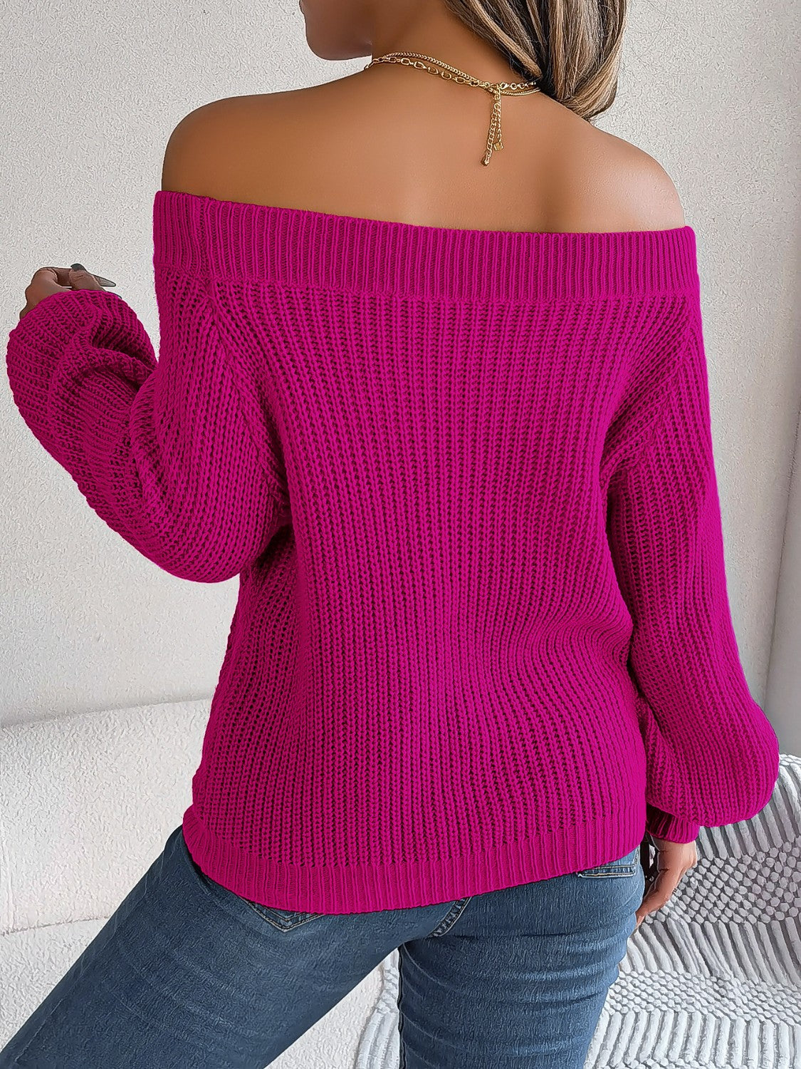 Openwork Off-Shoulder Long Sleeve Sweater - The Boutie Shop