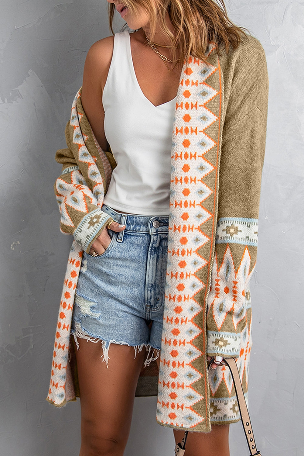 Geometric Open Front Long Sleeve Cardigan - The Boutie Shop