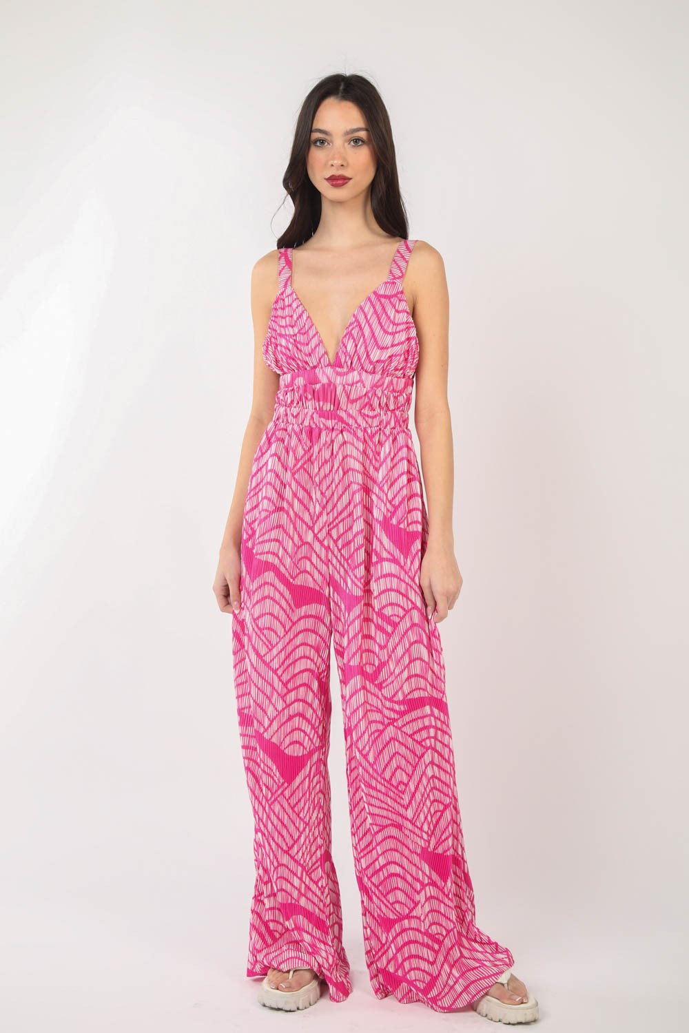 VERY J Printed Pleated Sleeveless Wide Leg Jumpsuit - The Boutie Shop